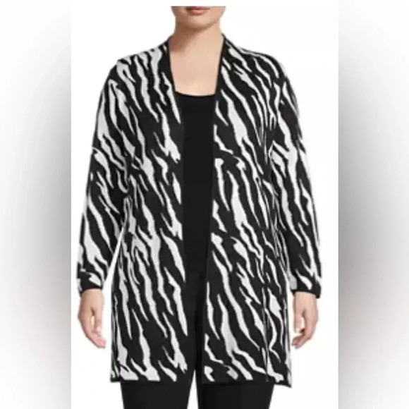 Kasper Sweaters - Kasper plus size zebra print jacquard side slit cardigan 1X